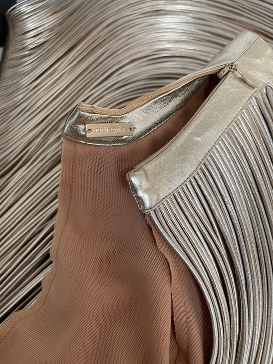 CULT GAIA Heidi Metallic Leather Draped Fringe Gold Midi Dress Size Medium - Picture 9 of 10